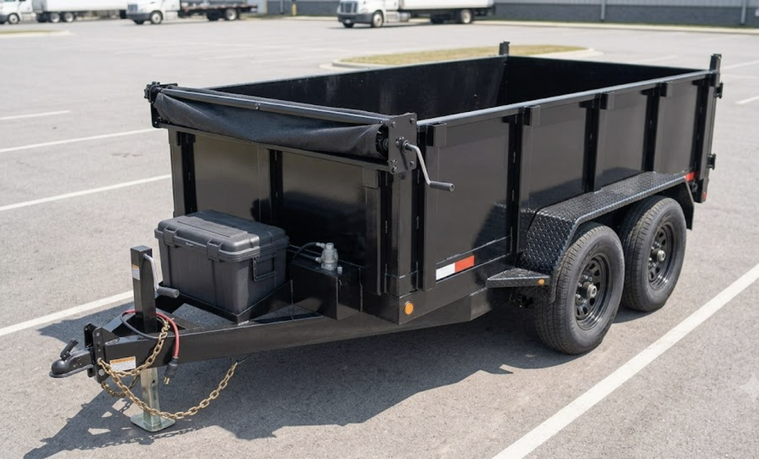 Front three-quarter view of 7x14 dump trailer with battery box and roller tarp